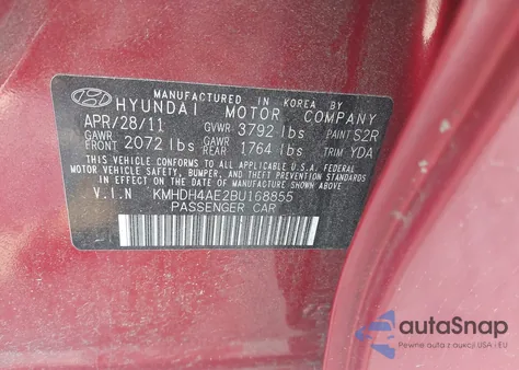 2011 Hyundai Elantra Limited (Ulsan Plant) from USA, damaged, VIN KMHDH4AE2BU168855